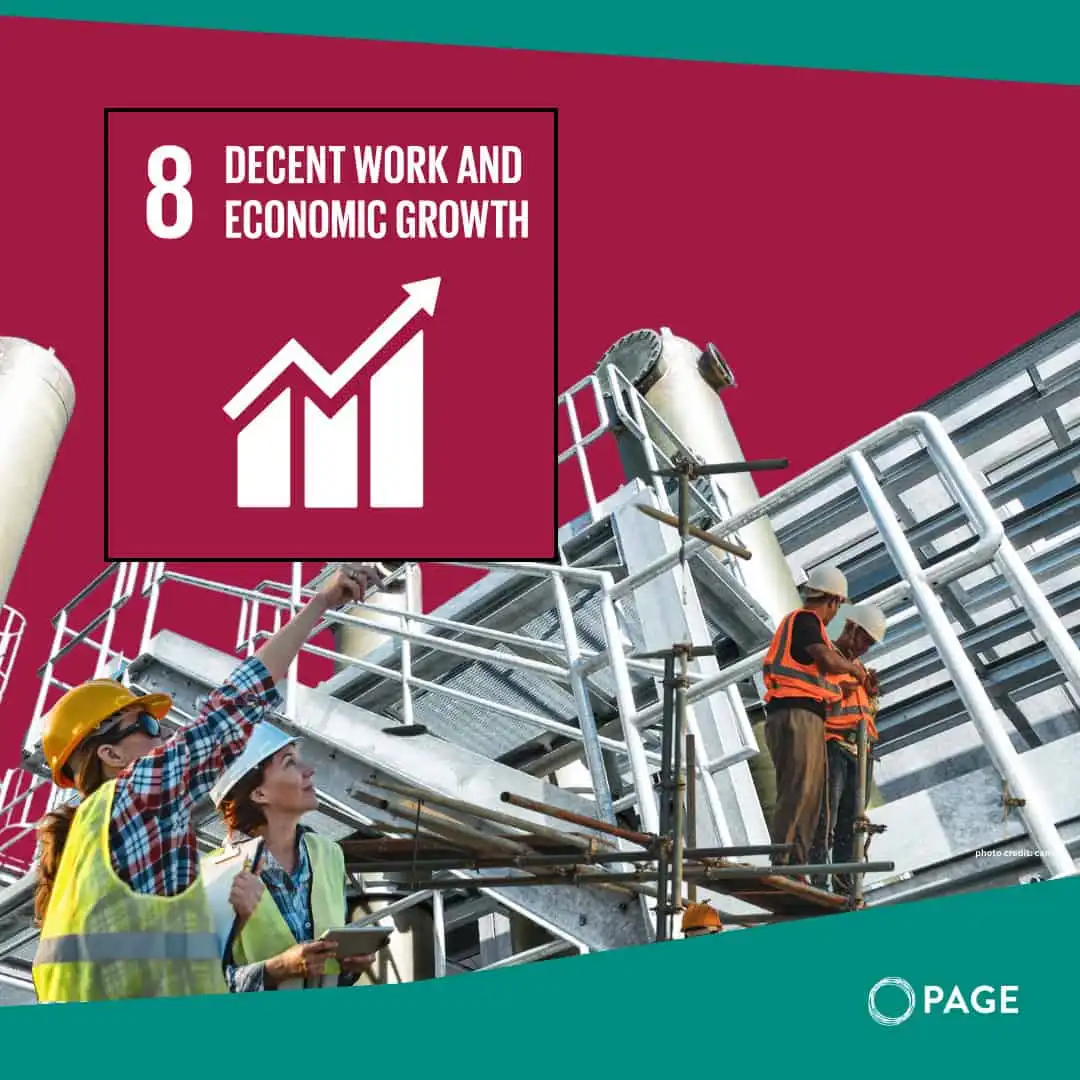 Icon of SDG 8 Decent work and economic growth and construction workers in an industrial site