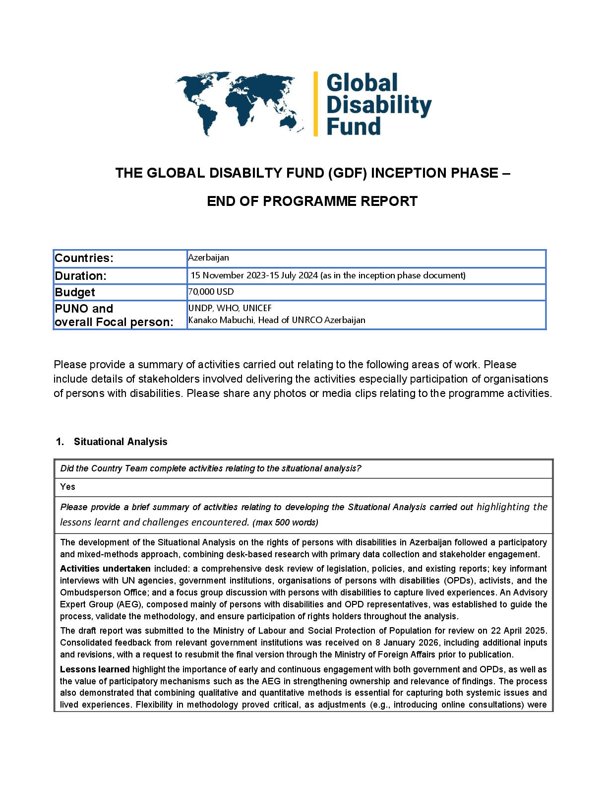 Inception Phase 4th Funding Round, Azerbaijan | MPTF Office