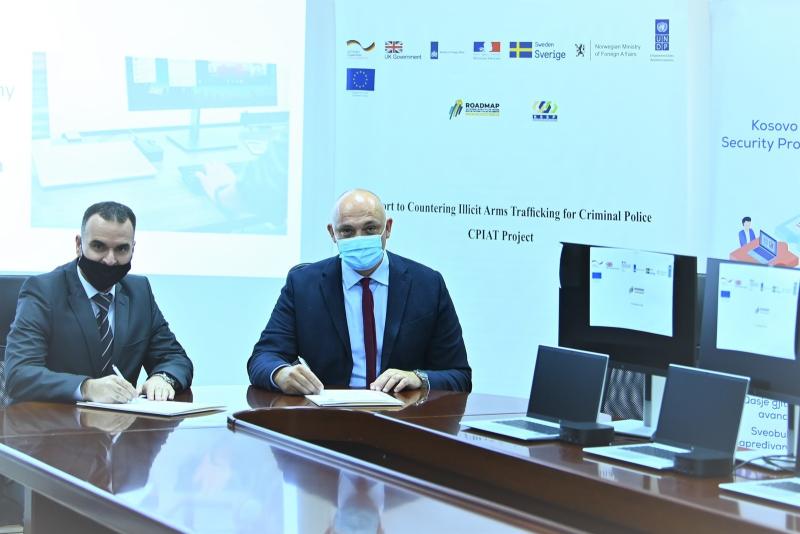 Handover of IT equipment to the Kosovo Police Investigation department to enhance their technological capacities for firearm investigations. Mr. Arben Paçarizi, Director of Investigation Department/Kosovo Police, and Mr. Niels Knudsen, UNDP Deputy Resident Representative, signed the handover document.