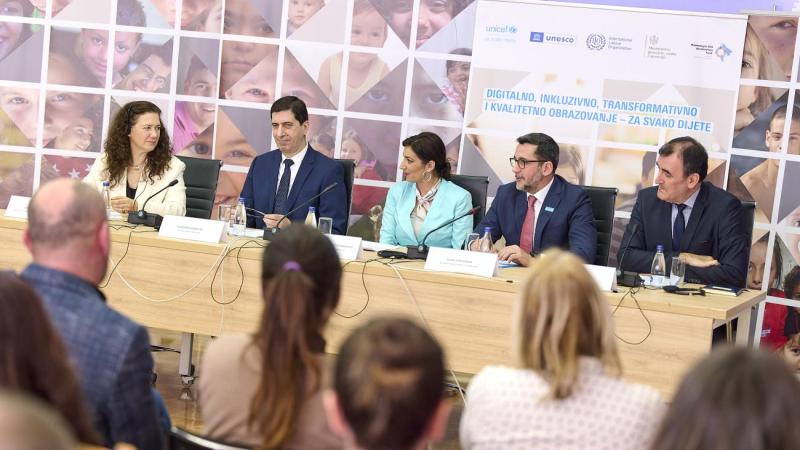 From the left: Alessandra Molz, ILO Skills and Employability Specialist, Vladimir Gjorgjiev, UN Resident Coordinator in Montenegro a.i, Andjela Jaksic-Stojanovic, Minister of Education, Science, and Innovation, UNICEF Representative to Montenegro, Juan Santander, Sinisa Sesum, Head of the UNESCO Office in Sarajevo. Photo: © UNICEF Montenegro / Dusko Miljanic
