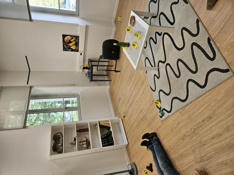 N Balkans SALW crime scene in an apartment with yellow crime scene markers, legs of a person on the bottom right, a gun next to the legs, among other markers